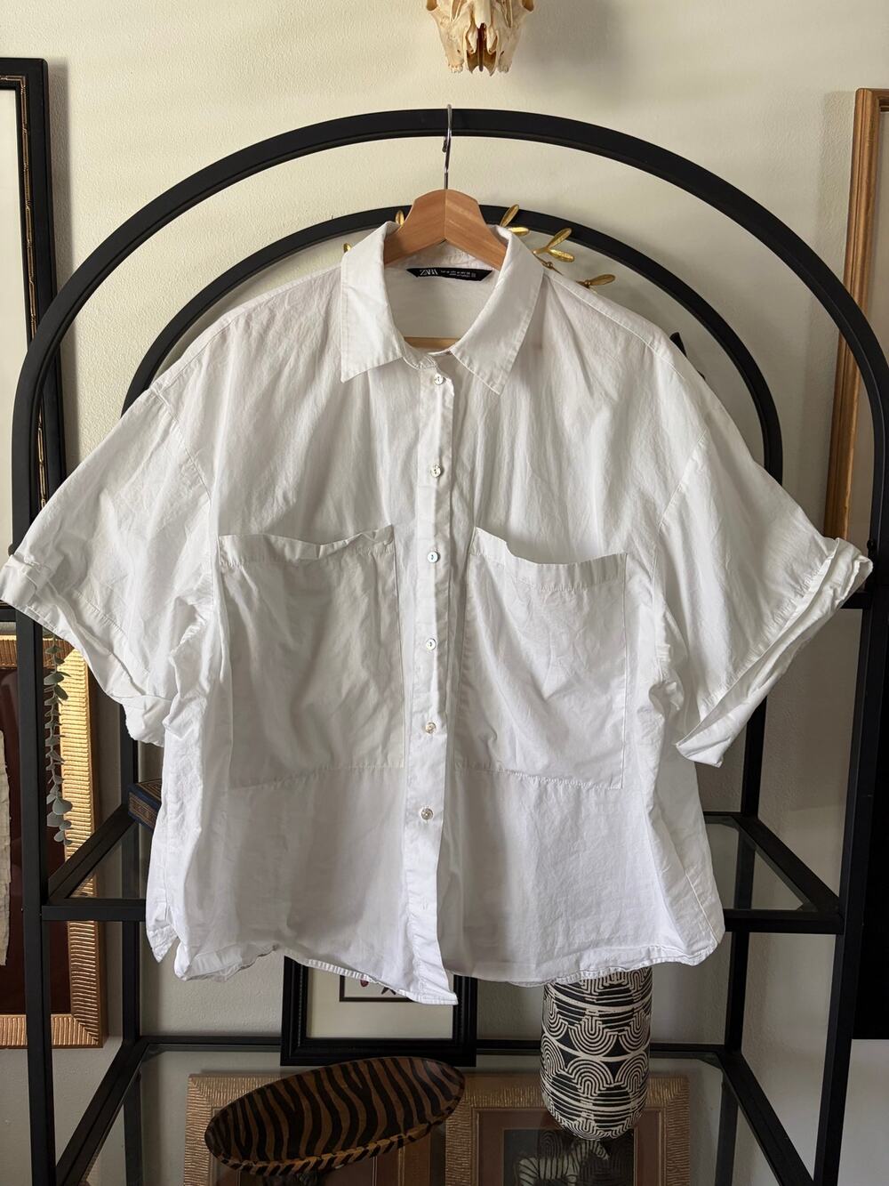 Zara Oversized Poplin Utility Shirt White Button Up Short Sleeve Pockets M
